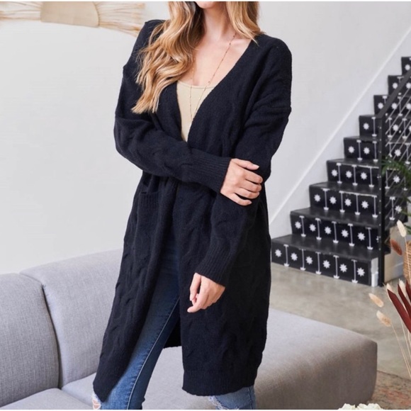 1 LEFT! Open Front Long Sleeve Soft Tight Knit Black Women's Cardigan - Picture 10 of 12